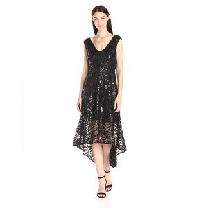 Tracy Reese Black Sequin Lace V-Neck High Low Sleeveless Prom Cocktail Dress 8